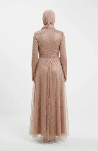 Glittery Tulle Detailed Belted Hijab Evening Dress 5704-03 Milky Coffee 5704-03