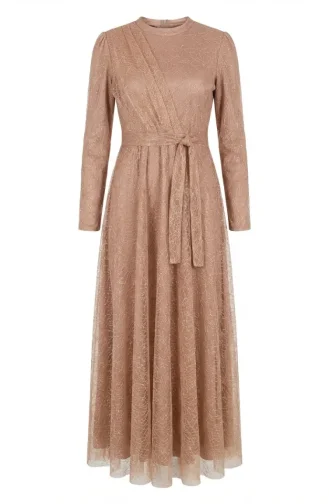 Glittery Tulle Detailed Belted Hijab Evening Dress 5704-03 Milky Coffee 5704-03
