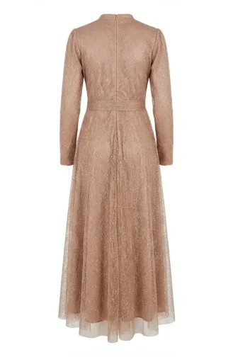 Glittery Tulle Detailed Belted Hijab Evening Dress 5704-03 Milky Coffee 5704-03