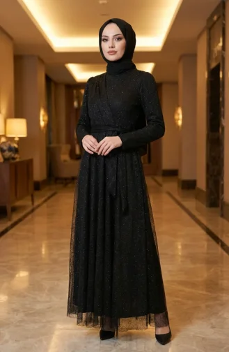 Robe De Soirée Hijab Ceinturée En Tulle Pailleté 5704-04 Noir 5704-04