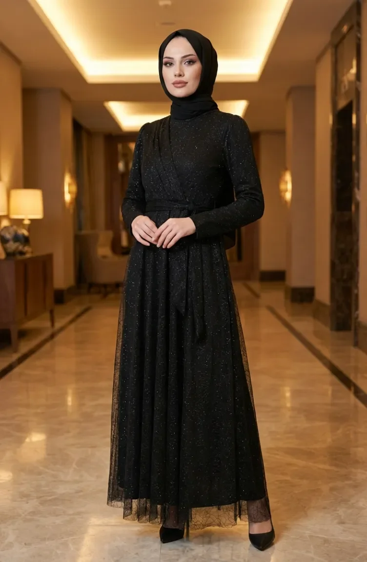 Robe De Soirée Hijab Ceinturée En Tulle Pailleté 5704-04 Noir 5704-04