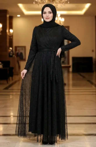 Robe De Soirée Hijab Ceinturée En Tulle Pailleté 5704-04 Noir 5704-04