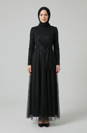Robe De Soirée Hijab Ceinturée En Tulle Pailleté 5704-04 Noir 5704-04