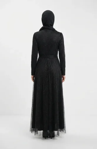 Robe De Soirée Hijab Ceinturée En Tulle Pailleté 5704-04 Noir 5704-04