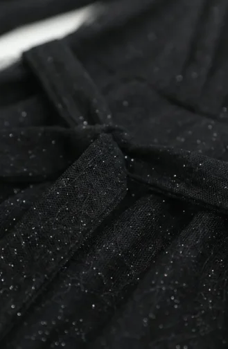 Robe De Soirée Hijab Ceinturée En Tulle Pailleté 5704-04 Noir 5704-04