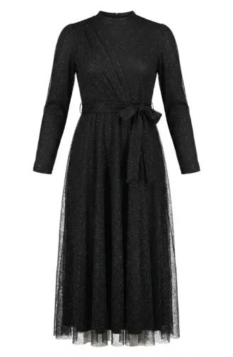Robe De Soirée Hijab Ceinturée En Tulle Pailleté 5704-04 Noir 5704-04