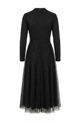 Robe De Soirée Hijab Ceinturée En Tulle Pailleté 5704-04 Noir 5704-04