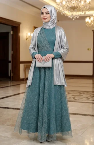Glittery Tulle Detailed Belted Hijab Evening Dress 5704-05 Light Green 5704-05