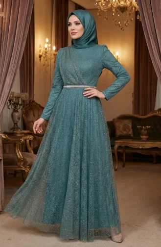 Glittery Tulle Detailed Belted Hijab Evening Dress 5704-05 Light Green 5704-05