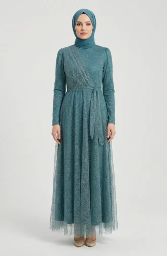 Glittery Tulle Detailed Belted Hijab Evening Dress 5704-05 Light Green 5704-05