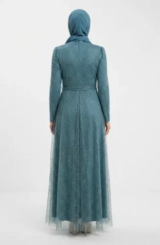 Glittery Tulle Detailed Belted Hijab Evening Dress 5704-05 Light Green 5704-05