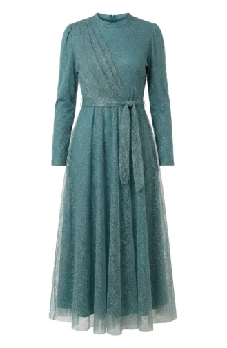Glittery Tulle Detailed Belted Hijab Evening Dress 5704-05 Light Green 5704-05