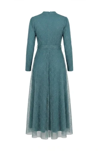 Glittery Tulle Detailed Belted Hijab Evening Dress 5704-05 Light Green 5704-05
