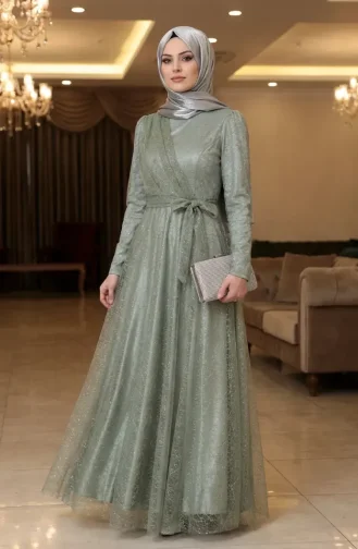 Glittery Tulle Detailed Belted Hijab Evening Dress 5704-06 Khaki 5704-06