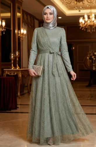 Glittery Tulle Detailed Belted Hijab Evening Dress 5704-06 Khaki 5704-06