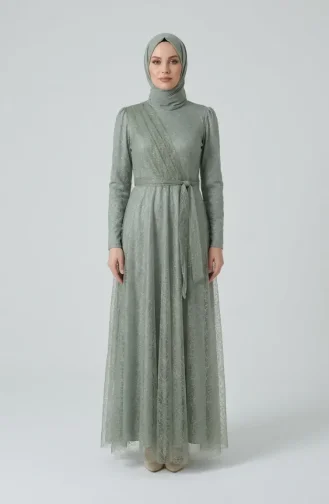 Glittery Tulle Detailed Belted Hijab Evening Dress 5704-06 Khaki 5704-06