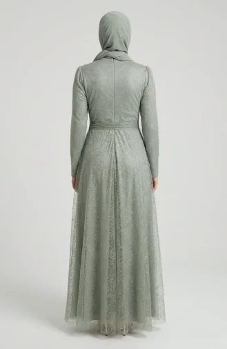 Glittery Tulle Detailed Belted Hijab Evening Dress 5704-06 Khaki 5704-06
