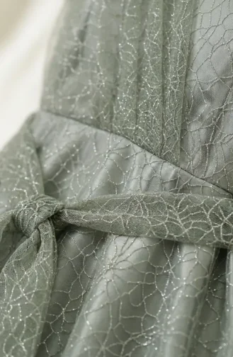 Glittery Tulle Detailed Belted Hijab Evening Dress 5704-06 Khaki 5704-06