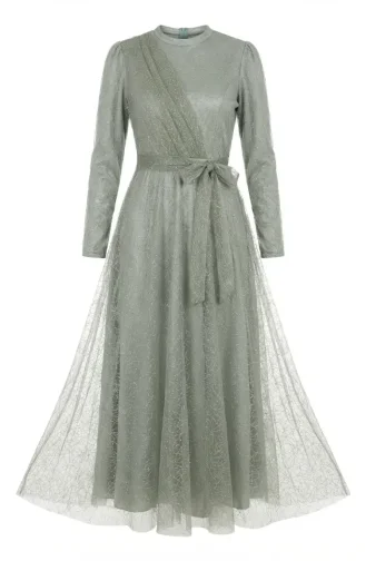 Glittery Tulle Detailed Belted Hijab Evening Dress 5704-06 Khaki 5704-06