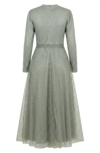 Glittery Tulle Detailed Belted Hijab Evening Dress 5704-06 Khaki 5704-06