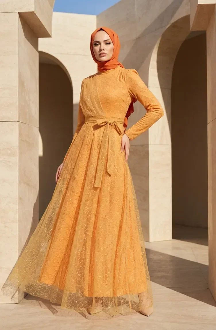 Glittery Tulle Detailed Belted Hijab Evening Dress 5704-07 Mustard 5704-07