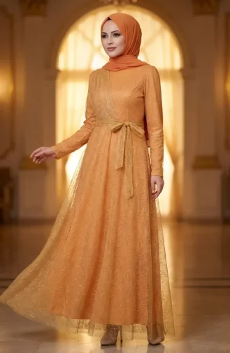 Glittery Tulle Detailed Belted Hijab Evening Dress 5704-07 Mustard 5704-07