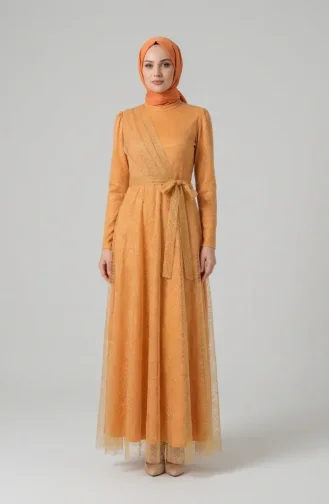 Glittery Tulle Detailed Belted Hijab Evening Dress 5704-07 Mustard 5704-07