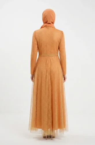 Glittery Tulle Detailed Belted Hijab Evening Dress 5704-07 Mustard 5704-07