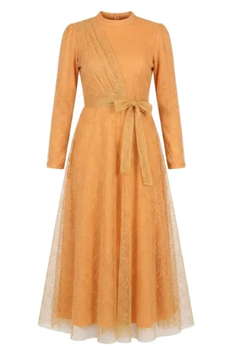 Glittery Tulle Detailed Belted Hijab Evening Dress 5704-07 Mustard 5704-07