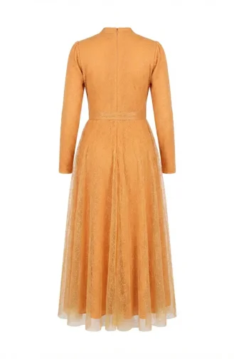Glittery Tulle Detailed Belted Hijab Evening Dress 5704-07 Mustard 5704-07