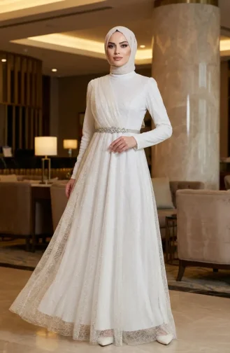 Glittery Tulle Detailed Belted Hijab Evening Dress 5704-08 White 5704-08