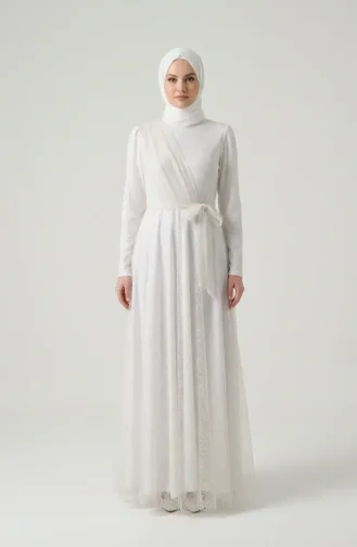 Glittery Tulle Detailed Belted Hijab Evening Dress 5704-08 White 5704-08