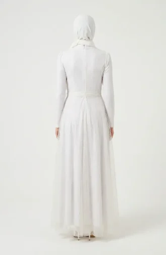 Glittery Tulle Detailed Belted Hijab Evening Dress 5704-08 White 5704-08