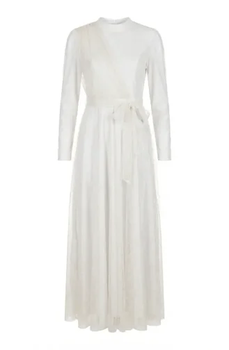 Glittery Tulle Detailed Belted Hijab Evening Dress 5704-08 White 5704-08