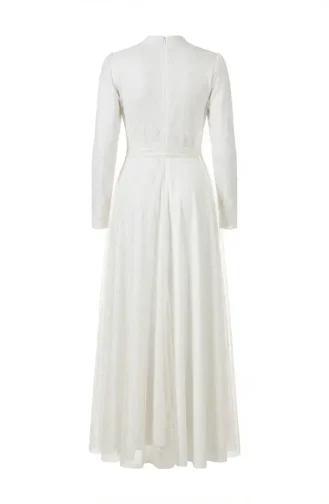 Glittery Tulle Detailed Belted Hijab Evening Dress 5704-08 White 5704-08