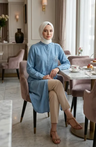 Tunika Aus Tencel-Denim Mit Verdeckten Knöpfen Modell 3112-02 Hellblau 3112-02