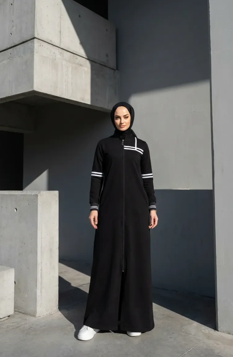 Abaya Sportive à Rayures Bicolores 71144-05 Noir 71144-05