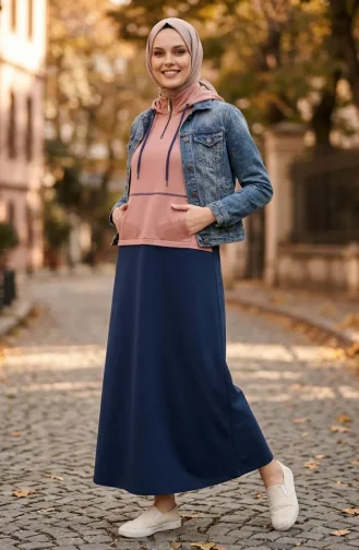 Kapüşonlu Kanguru Cepli Elbise 71042-02 İndigo