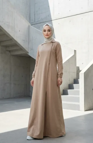 Asymmetrical Zippered Hijab Dress 71140-01 Beige 71140-01