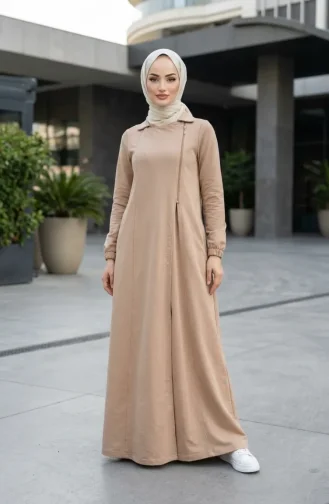 Asymmetrical Zippered Hijab Dress 71140-01 Beige 71140-01