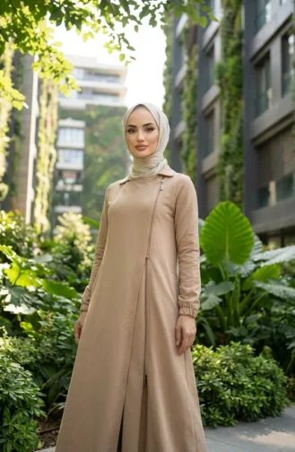 Asymmetrical Zippered Hijab Dress 71140-01 Beige 71140-01