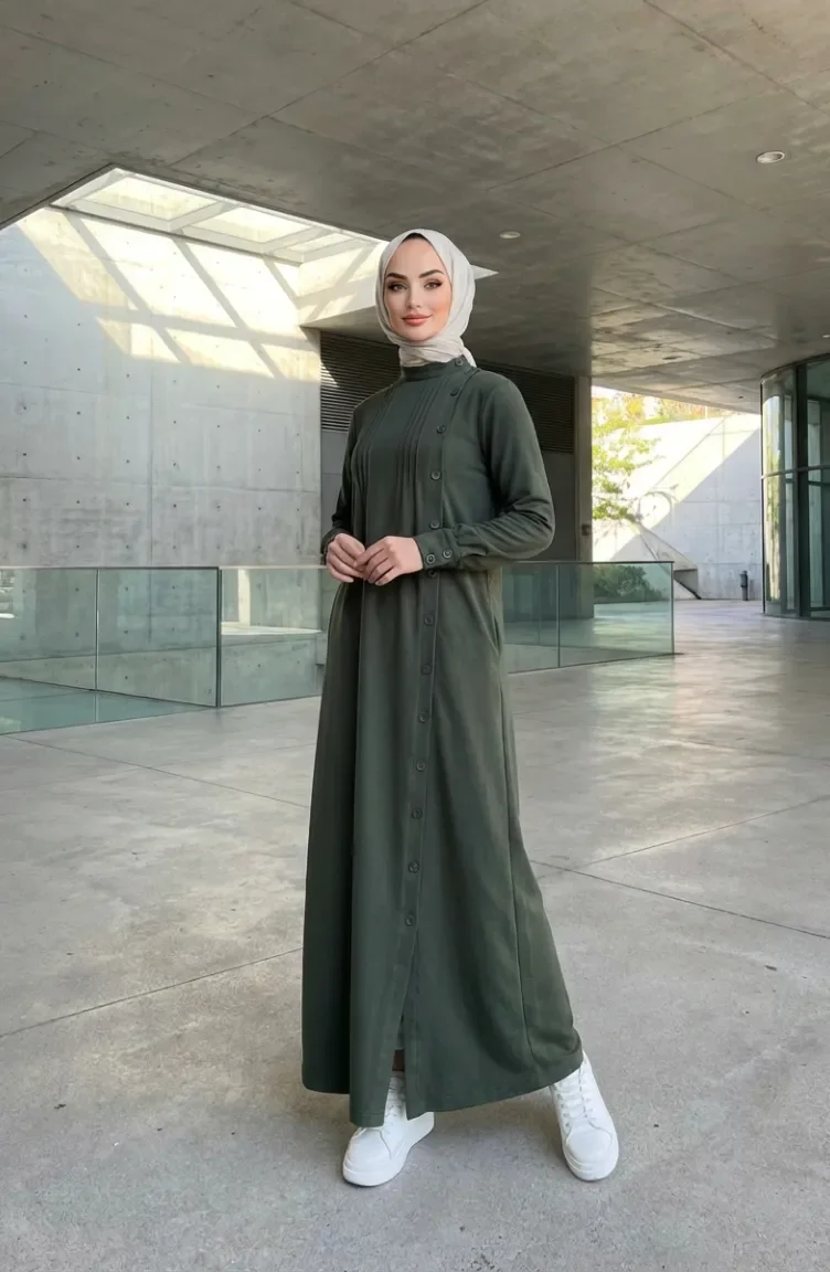 Robe Hijab Plissée à Boutons 71146-02 Kaki 71146-02