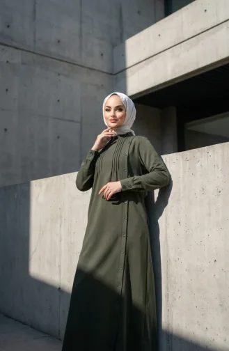 Robe Hijab Plissée à Boutons 71146-02 Kaki 71146-02