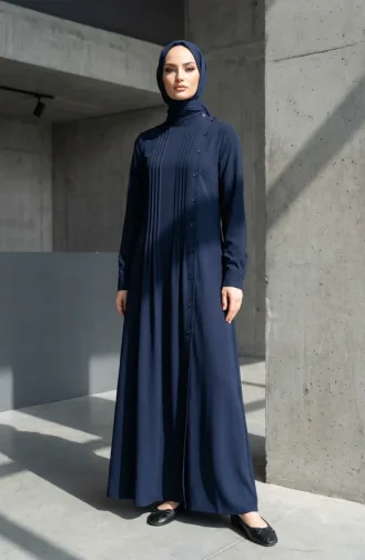 Robe Hijab Plissée à Boutons 71146-04 Bleu Marine 71146-04