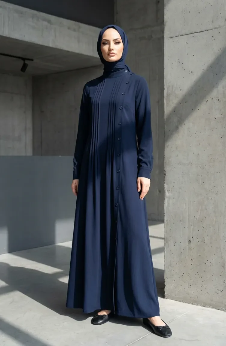 Robe Hijab Plissée à Boutons 71146-04 Bleu Marine 71146-04