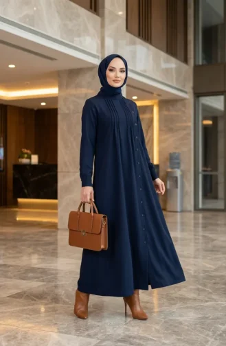 Robe Hijab Plissée à Boutons 71146-04 Bleu Marine 71146-04