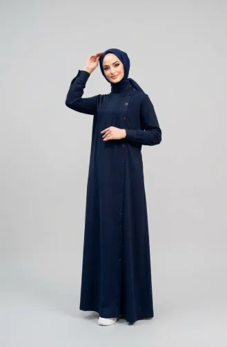 Robe Hijab Plissée à Boutons 71146-04 Bleu Marine 71146-04