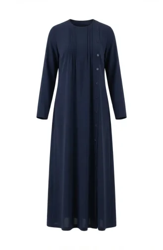Robe Hijab Plissée à Boutons 71146-04 Bleu Marine 71146-04