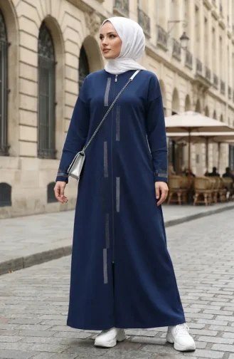 Zippered Embellished Abaya 71181-02 Indigo 71181-02