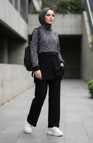 Ensemble Deux Pièces à Capuche Imprimé Léopard 2224-01 Anthracite 2224-01
